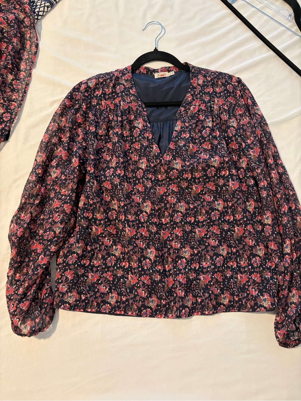 Faherty Navy Floral V-Neck Blouse